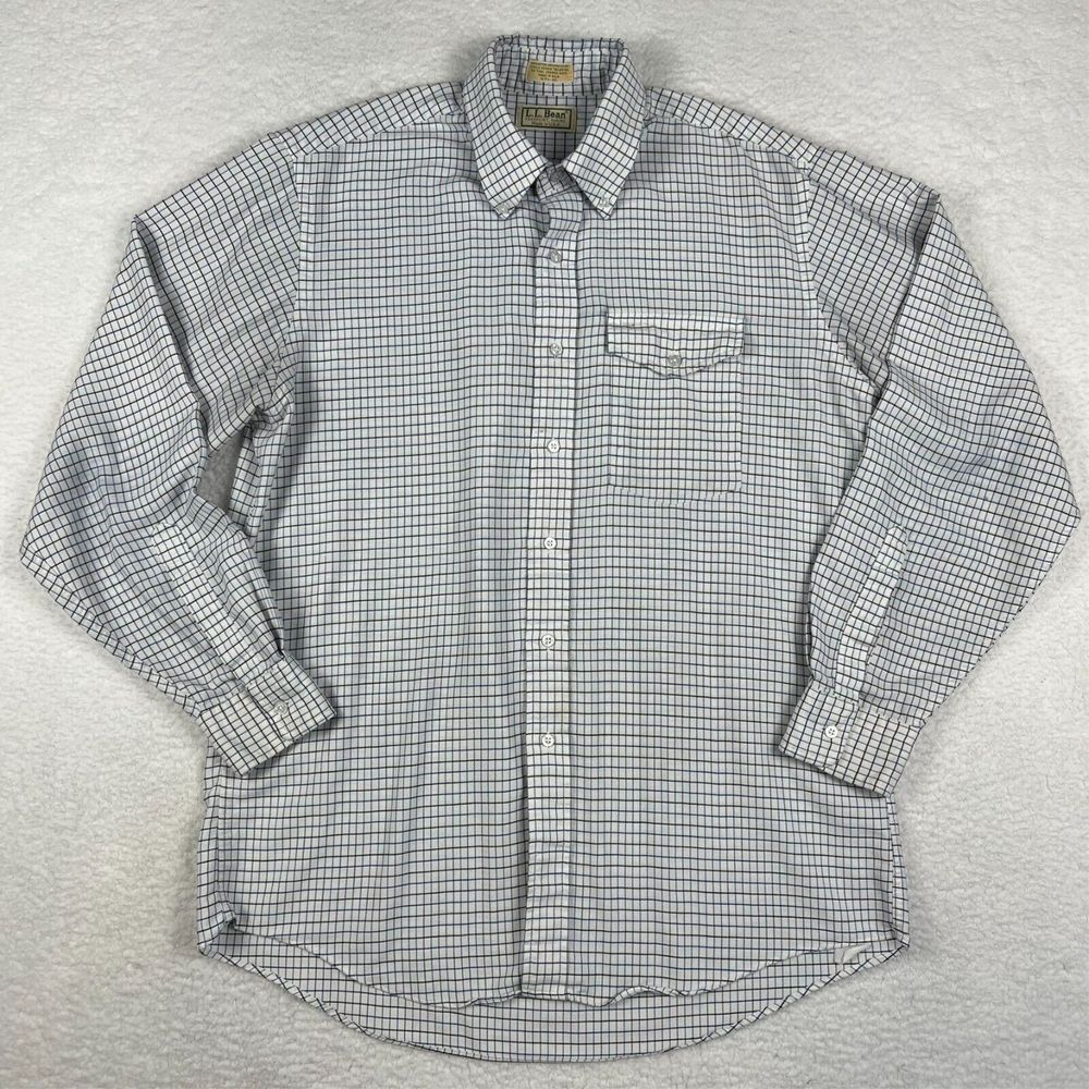 VTG LL Bean Shirt Mens Large Checked 90s 16.5 x 35 White Long Sleeve Button Down